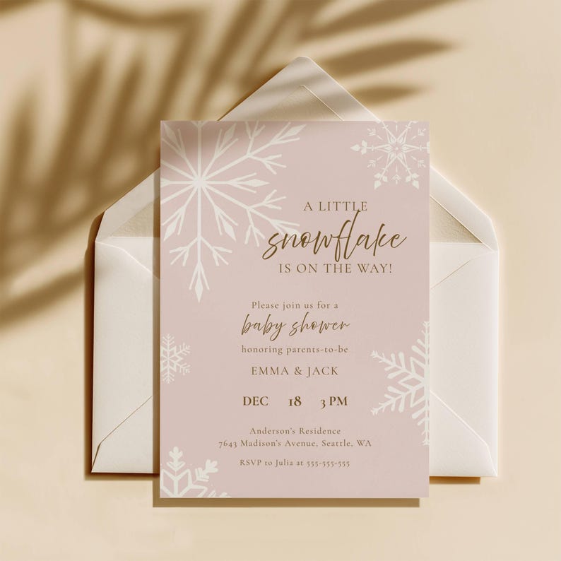 Winter baby shower invitation template for girl, pink snowflake on the way