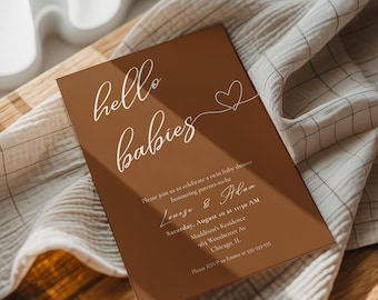 Invitación para baby shower de gemelos "Hola bebés" / Plantilla editable de Canva / Invitación moderna y neutra para baby shower / Imprimible para baby shower de gemelos
