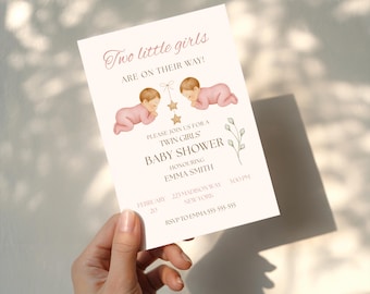 Twin Girls Baby Shower Invitation | Two Little Girls Are On Their Way | Editable Neutral Baby Shower Invite | Printable 5x7