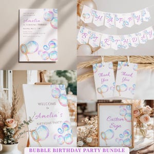 May include: A bubble-themed birthday party bundle featuring invitations, banners, welcome signs, thank you tags, and a custom sign. The designs include watercolor bubbles and bubble wands in pastel colors, with text that reads "Amelia is turning three!" and "Happy Birthday."
