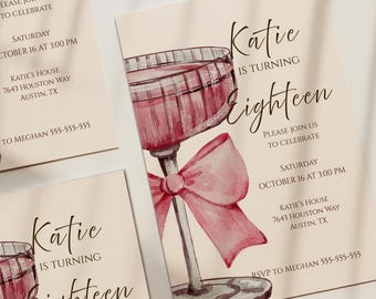 Editable 18th Birthday Invitation • Pink Cocktail Glass Eighteenth Birthday Invite • Pink Bow Birthday Template • Milestone Birthday Invite