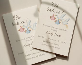 Twin Baby Shower Invitation – Oh Babies Storks Design | Boy, Girl Twins Printable Invite | Editable 5×7 & Phone Template