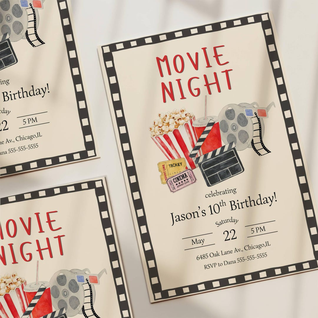 Movie Night Birthday Invitation Template, Cinema Birthday Party Invite ...