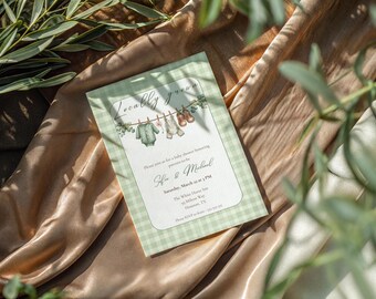 Locally Grown Baby Shower Invitation | Farm Baby Shower Invite | Rustic Green Gingham Baby Shower | Editable Printable