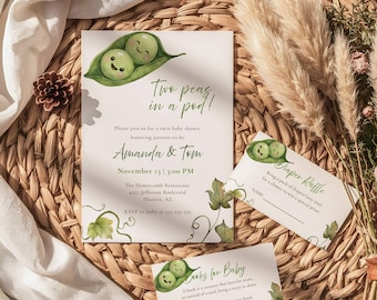 Twin Baby Shower Bundle Two Peas in a Pod  | Twins Invite Set | Watercolor Green Printable Templates | Boy Girl Gender Neutral Baby Shower