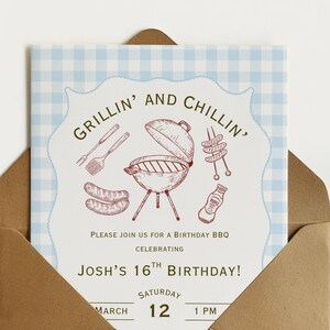 May include: A light blue and white gingham patterned invitation card with the text "Grillin' and Chillin'" and BBQ-themed illustrations. The invitation is for Josh's 16th birthday, scheduled for March 12th at 1 PM.