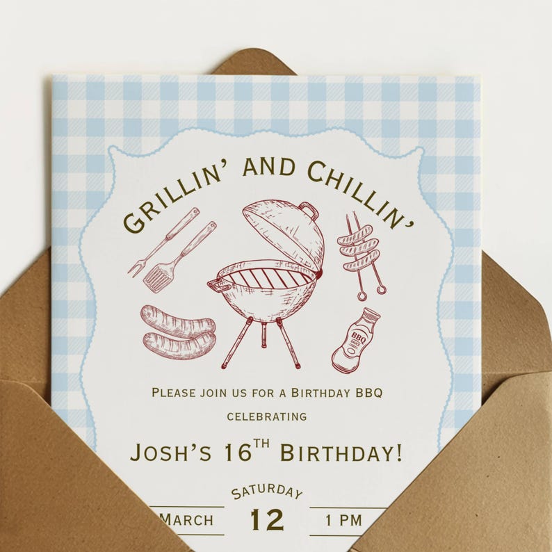 May include: A light blue and white gingham patterned invitation card with the text "Grillin' and Chillin'" and BBQ-themed illustrations. The invitation is for Josh's 16th birthday, scheduled for March 12th at 1 PM.