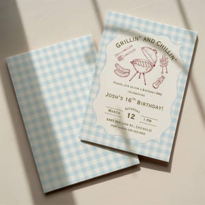 May include: Two light blue gingham patterned invitations. One invitation features the text "Grillin' and Chillin'" with BBQ-themed illustrations and event details. The invitation is for Josh's 16th birthday on March 12th.