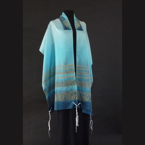 Made to Order - Silk-Cotton Tallit, Teal, Purple, Blue, Hand dyed Hand printed