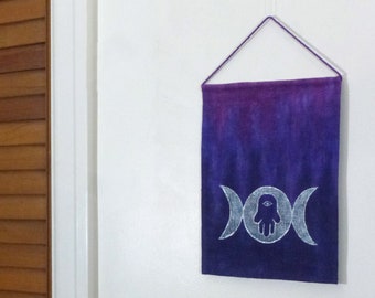 Lunar Hamsa, Small Fiber Art Wall Hanging, Original Art