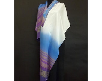 Silk-Cotton Tallit, Purple to Blue, Hand dyed Hand printed
