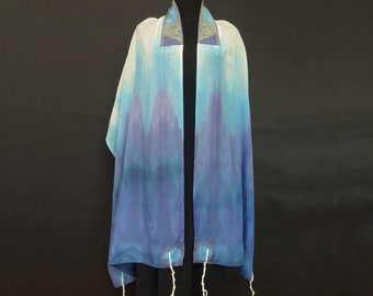 Silk Tallit, Blue Teal ombré, Hand dyed Hand printed