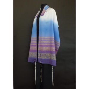Silk-Cotton Tallit, Purple to Blue, Hand dyed Hand printed