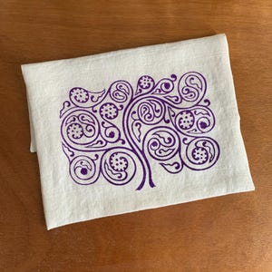 Tallit Bag, Silkscreened Tree of Life, Andalusian inspired design, linen white & purple ink