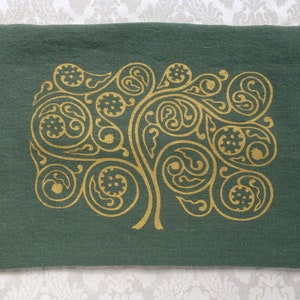 Tallit Bag, Silkscreened Tree of Life, Andalusian inspired design, linen Green - gold