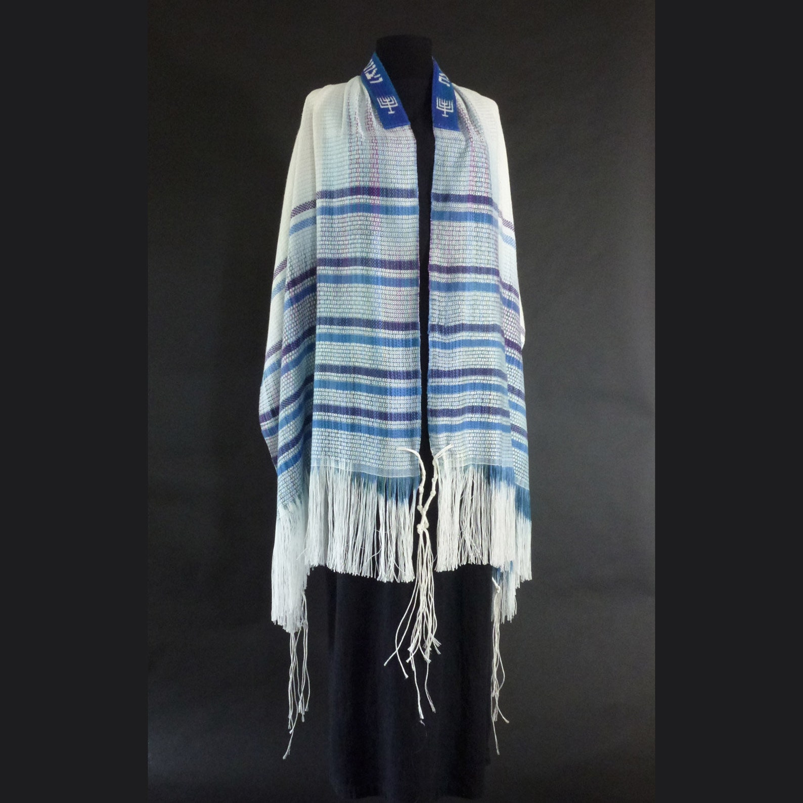 White and Teal Painted Warp Tallit Handwoven, Hand Dyed, OOAK - Etsy