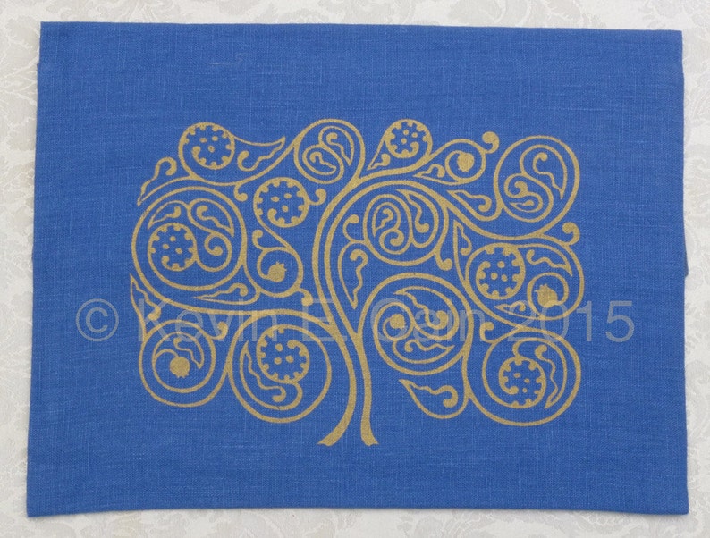 Tallit Bag, Silkscreened Tree of Life, Andalusian inspired design, linen Blue