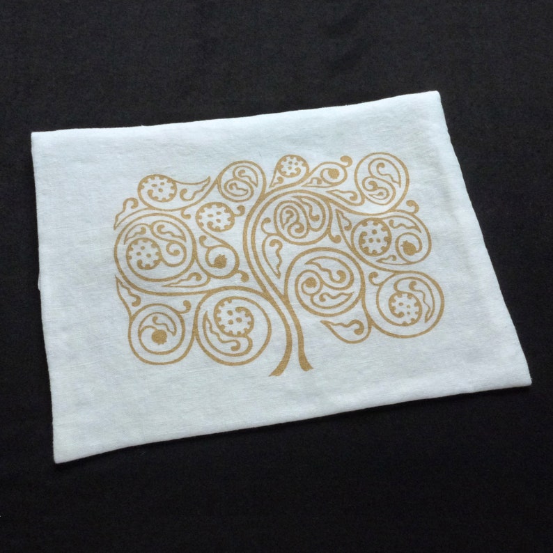 Tallit Bag, Silkscreened Tree of Life, Andalusian inspired design, linen White