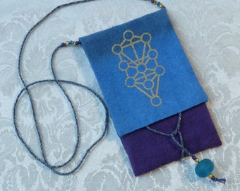 Wearable Silk Amulet Bag Hand-dyed Hand-painted Kabbalah OOAK necklace pouch Blue/purple (N-5)