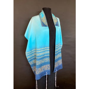 Made to Order - Silk-Cotton Tallit, Teal, Purple, Blue, Hand dyed Hand printed