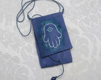 Wearable Silk Amulet Bag Hand-dyed Hand-painted Hamsa OOAK necklace pouch Blue (G-1)