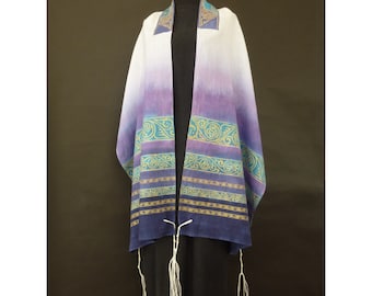 Lightweight Linen Tallit, Purple / Teal, Hand dyed Hand printed