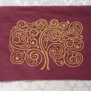 Tallit Bag, Silkscreened Tree of Life, Andalusian inspired design, linen Tawny Port