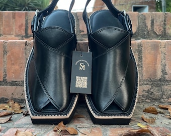 Handmade Jet Black Kaptaan Chappal | Traditional Leather Peshawari Chappal for Men | SoleMehal Exclusive
