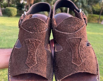 Handmade Dark Brown Suede Peshawari Panjadara Chappal | Traditional Pakistani Sandals | SoleMehal Exclusive