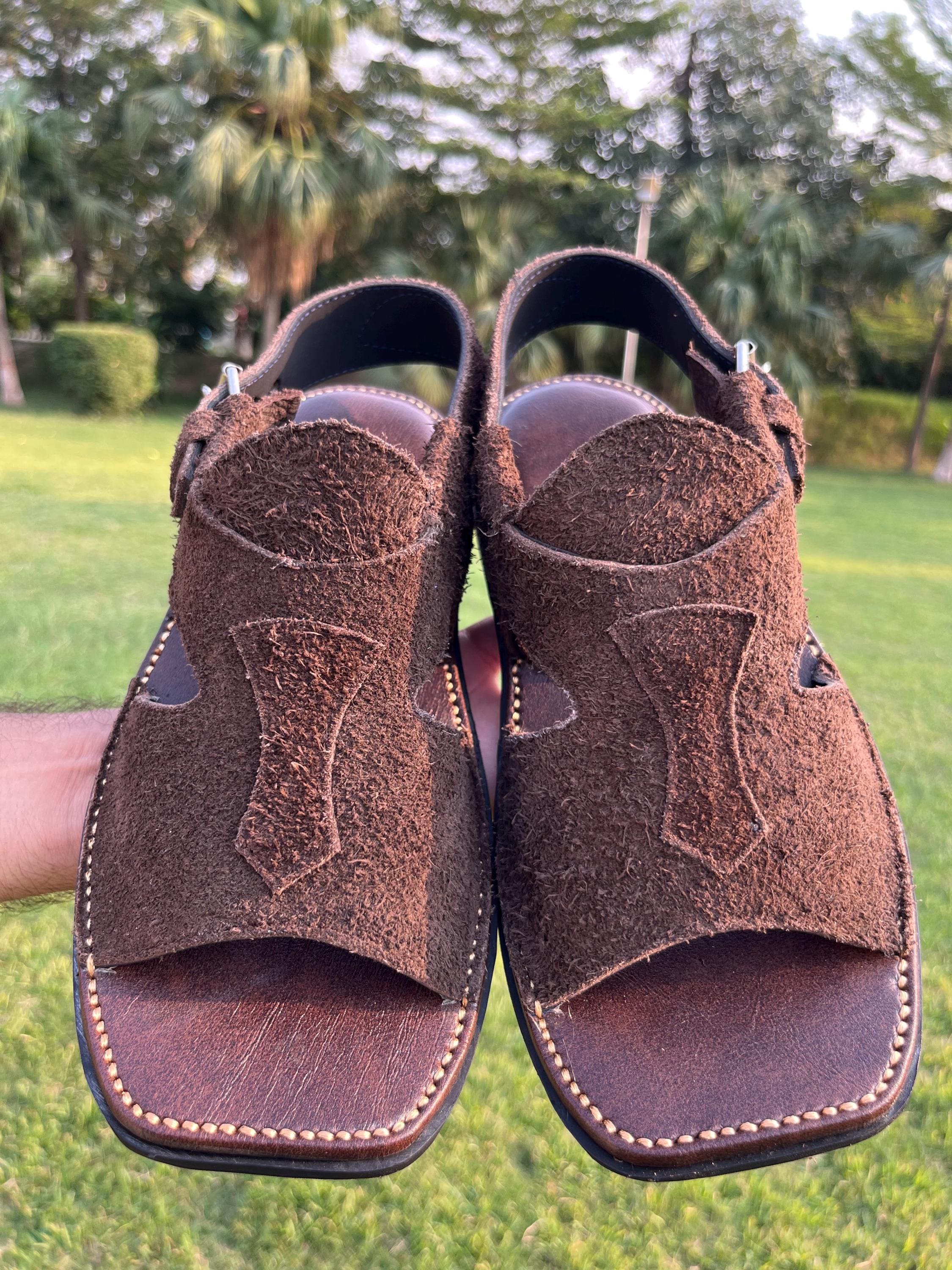 Handmade Dark Brown Suede Peshawari Panjadara Chappal 