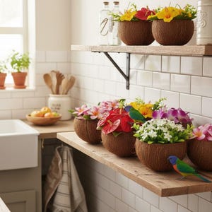 May include: Coconut shell planters filled with colourful artificial flowers, including yellow hibiscus, pink orchids, and white blossoms. Decorative parrots perch on the shelf. The planters are displayed on a wooden shelf in a kitchen setting.