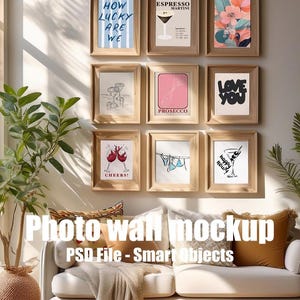 May include: A wall display featuring nine framed art prints with various designs. The prints include text like "How Lucky Are We," "Espresso Martini," and "Love You," along with illustrations of flowers, cocktails, and other imagery. The frames are light brown.