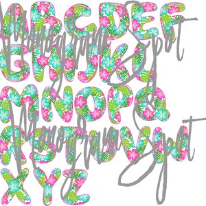 Könnte beinhalten: Ein farbenfrohes Alphabet mit rosa, blauen und grünen tropischen Blumen und Blättern. Die Buchstaben sind weiß mit schwarzem Umriss.