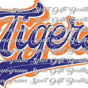 May include: A blue and orange glitter design with the word "Tigers" in a stylised font.