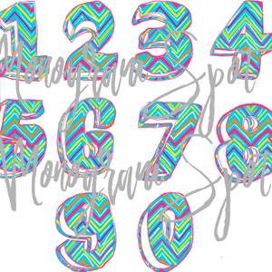 Könnte beinhalten: Ein Satz von zehn bunten Zahlen mit einem Chevron-Muster. Die Zahlen sind in einem Farbschema aus Türkisblau, Pink, Gelb und Orange gehalten.