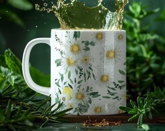 Calming Chamomile White Ceramic Mug | 11oz and 15oz Tea Cup | Chamomile Watercolor Flowers | Tea Cup | Cherry Lake Studio Mug