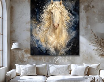 Cremello Horse Wall Art, Ethereal White Equine Painting, Neutral Gold Blue Luxury Artwork