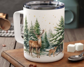 Deer Winter Scene Travel Mug: Personalized Insulated Coffee Mug