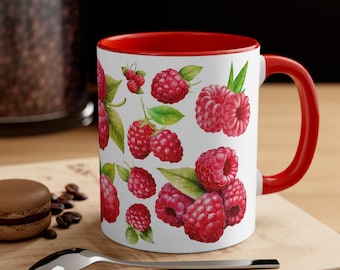 Raspberries Fruit Ceramic Accent Mug | 11 oz and 15 oz | Watercolor Raspberry Design | Raspberry Graphics Mug Gift | Cherry Lake Studio Mugs