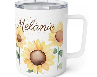 Personalized Sunflower Travel Mug: Insulated Floral Coffee Tumbler