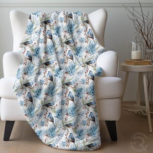 Bluebird Watercolor Sherpa Blanket – Cozy Throw, Nature Inspired Home Décor, Soft Plush Bedding Gift