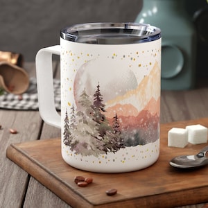 Mountains are Calling 12 oz Insulated Travel Mug with Lid and Handle – Personalized Mug, Stainless Steel Coffee Tumbler, Nature Lover Gift