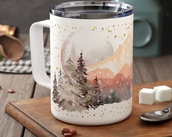 Mountains are Calling Travel Mug: Personalized Insulated Coffee Mug with Watercolor Nature Art Design