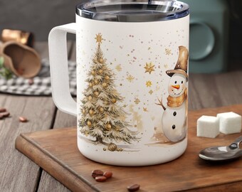 Gold Christmas Tree Snowman Travel Mug, Coffee Mug with Lid, Stainless Steel Mug, Insulated Tea Mug, To Go Coffee Mug, Reusable Coffee Mug