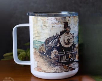 Watercolor Train Travel Mug: Personalized Retro Railroad Coffee Cup
