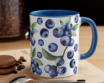 Blueberry Fruit Ceramic Accent Mug | 11 oz and 15 oz | Watercolor Blueberry Design | Blueberry Graphics Mug Gift | Cherry Lake Studio Mugs