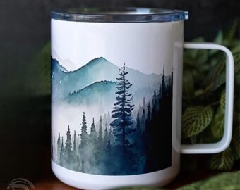 Watercolor Mountain Travel Mug: Insulated Coffee Cup, Hiker Gift