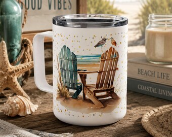 Personalized Beach Travel Mug, Custom Coastal Coffee Tumbler, Watercolor Stainless Steel Mug, Ocean Lover Gift, Seaside Decor