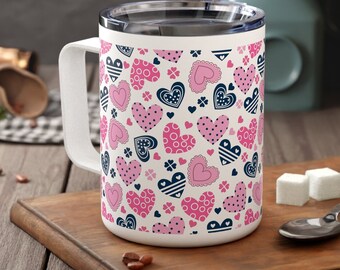 Dynamic Hearts Insulated Travel Mug, Valentines Coffee Mug, 10 oz BPA Free Eco-friendly Reusable Drinkware, Tea Coffee Hot Chocolate Mug