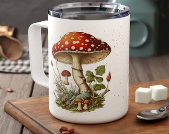 Travel Mug |  Amanita Mushroom | Insulated Travel Mug with Lid | 10 oz Coffee Mug | Gift for Mushroom Lovers